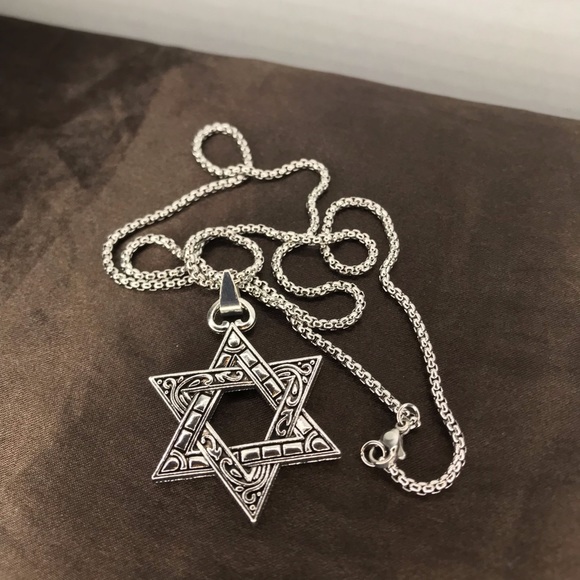 Vintage Hexagram Pendant Necklace Men Fashion Stainless Steel Box Chain - Picture 6 of 8